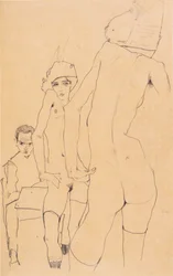 Schiele avec modèle nu devant le miroir